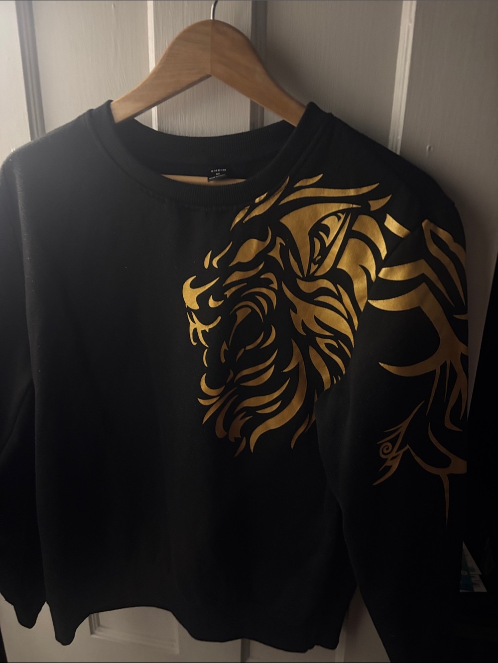 SHEIN Black Sweatshirt with Metallic Gold Lion Shoulder Print